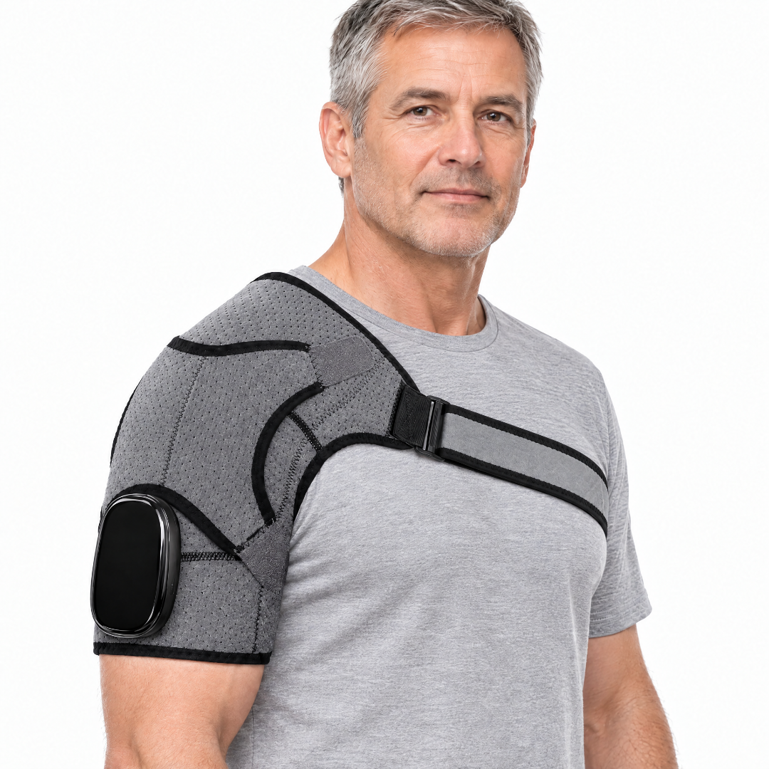 Man wearing the ORTHEVIA EpauFlex Pro shoulder massager on his shoulder