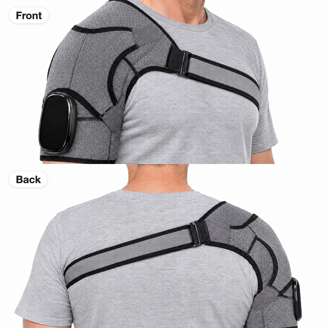 Front and back view of the EpauFlex Pro shoulder massager worn on the shoulder