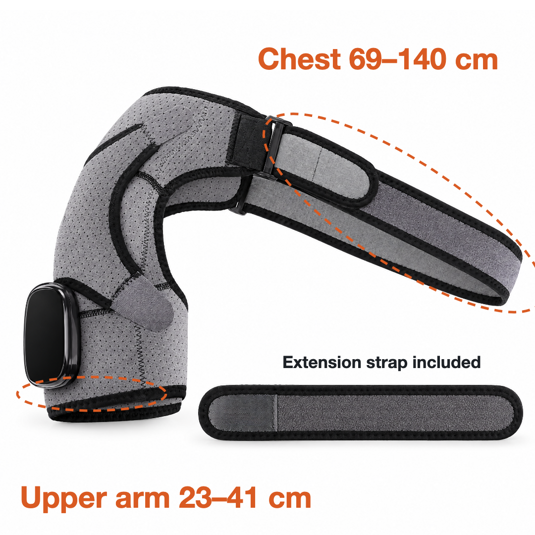 How to measure for the EpauFlex Pro: chest 69 to 140 cm, upper arm 23 to 41 cm, extension strap included