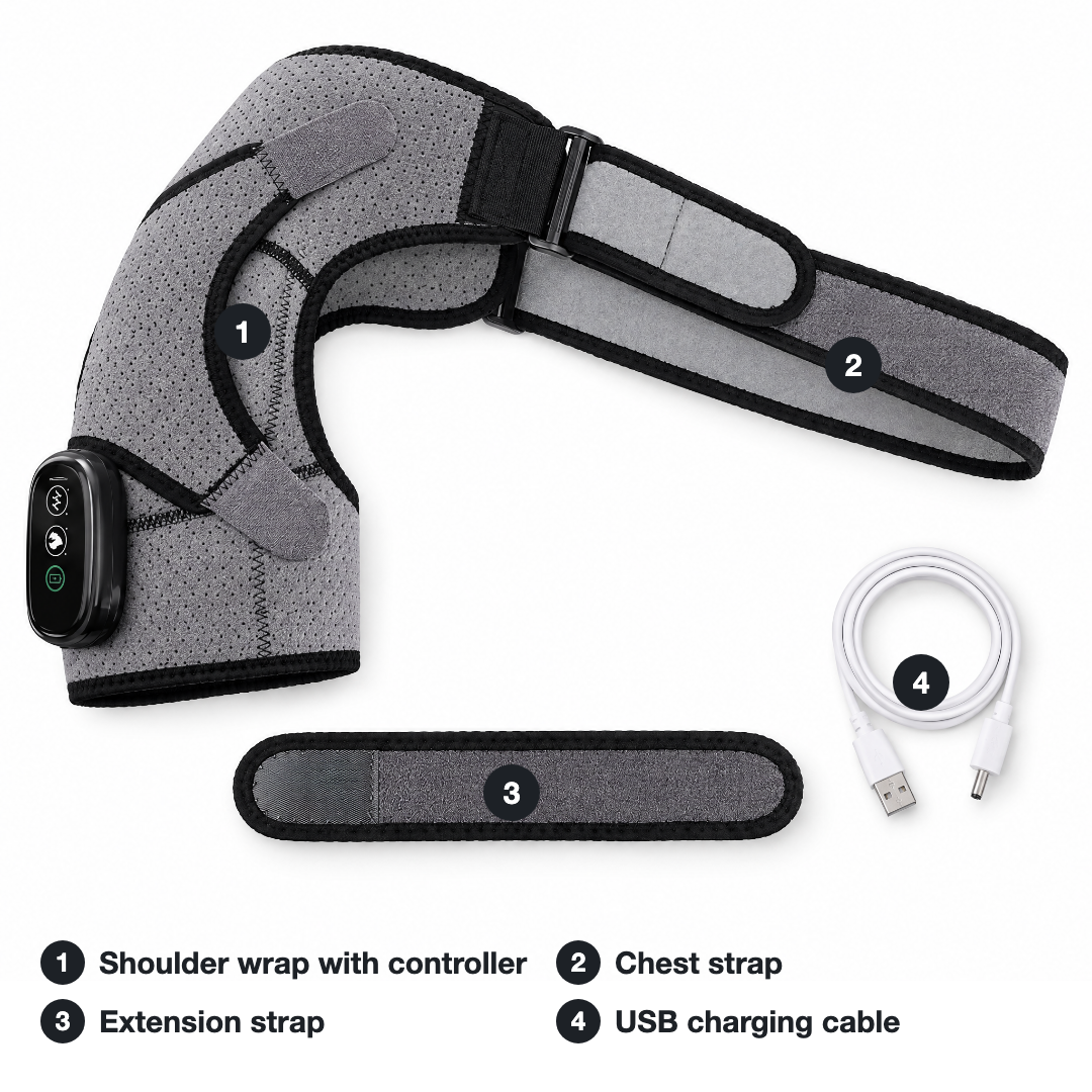 What comes in the box: shoulder wrap with controller, chest strap, extension strap and USB charging cable