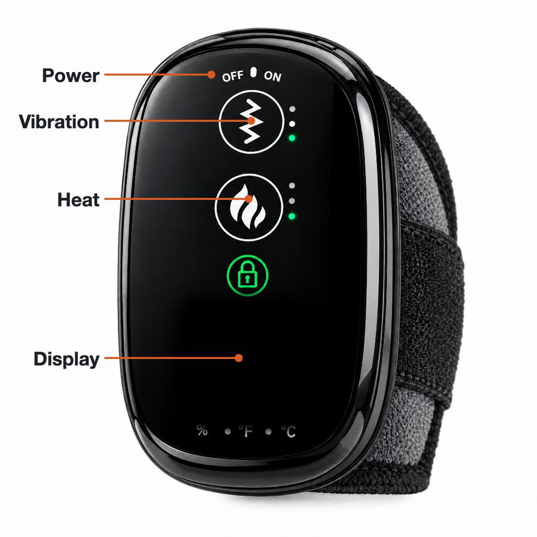 Close-up of the EpauFlex Pro controller with power, vibration and heat buttons and display