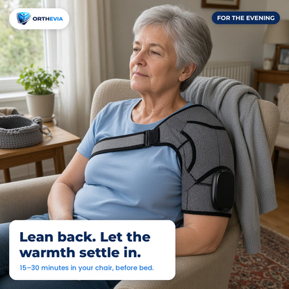 Woman leaning back in an armchair in the evening, wearing the EpauFlex Pro on her left shoulder