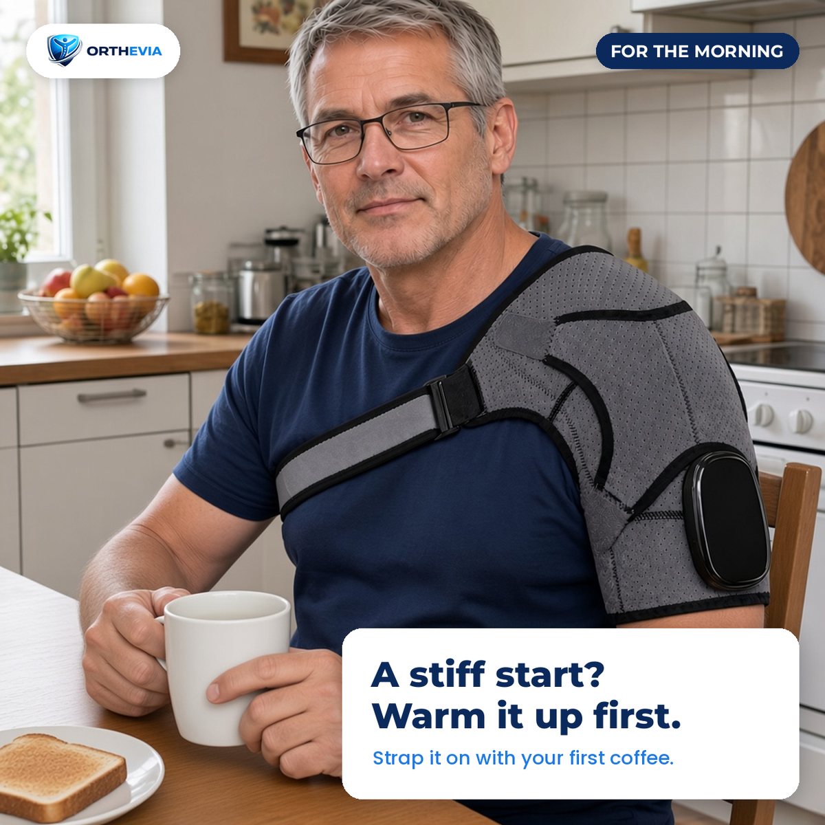 Man at the kitchen table with a morning coffee, wearing the EpauFlex Pro on his left shoulder