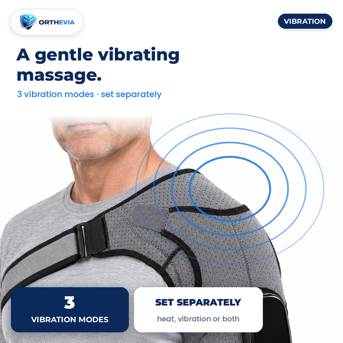 Close-up of the EpauFlex Pro on a man's left shoulder, vibration and heat set separately