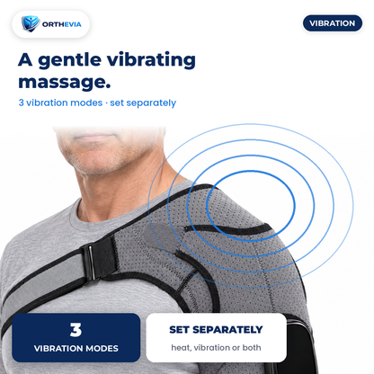 Close-up of the EpauFlex Pro on a man's left shoulder, vibration and heat set separately