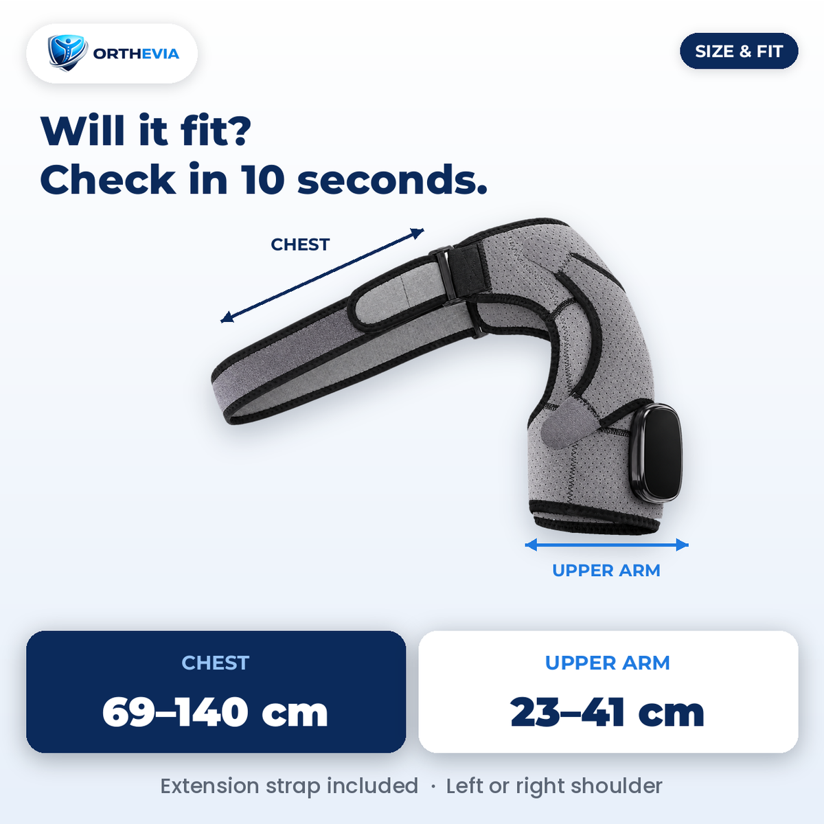 EpauFlex Pro size guide: chest 69 to 140 cm, upper arm 23 to 41 cm, extension strap included