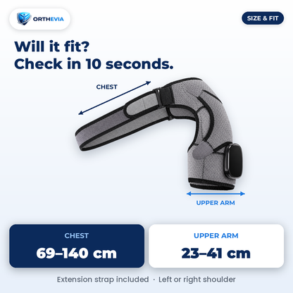 EpauFlex Pro size guide: chest 69 to 140 cm, upper arm 23 to 41 cm, extension strap included