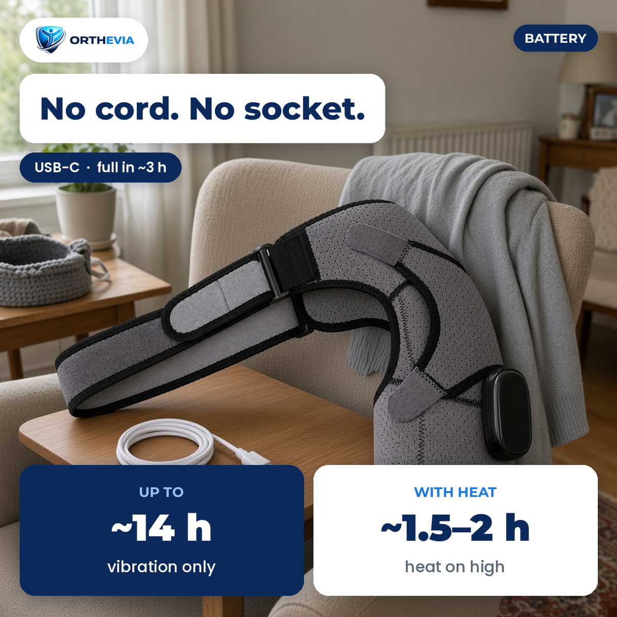 EpauFlex Pro lying over an armchair beside a USB-C charging cable on a side table