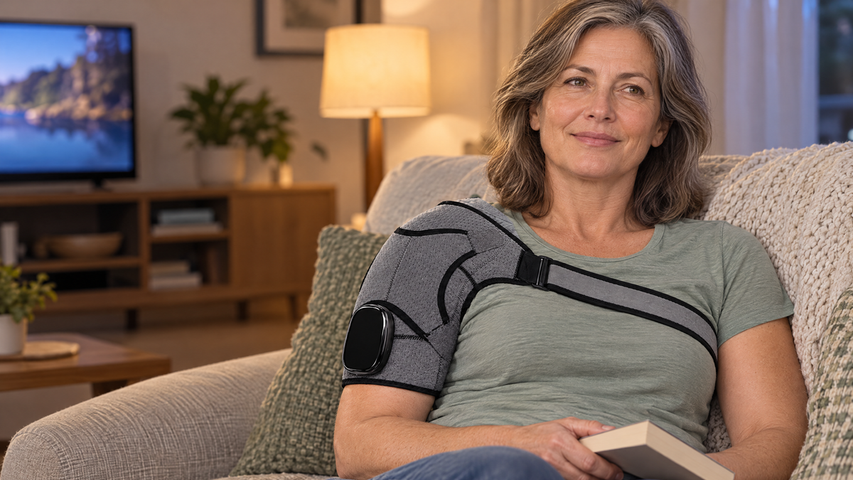 Woman sitting on a sofa wearing the ORTHEVIA EpauFlex Pro on her shoulder