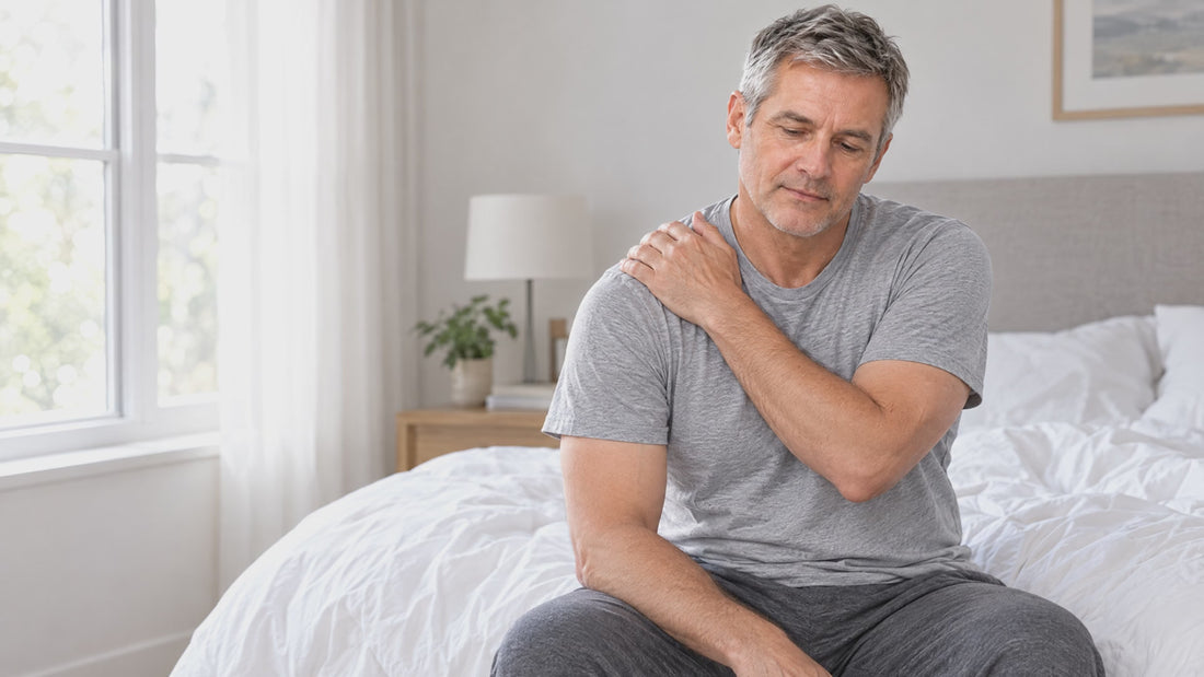 Man sitting on the edge of a bed holding his shoulder in the morning