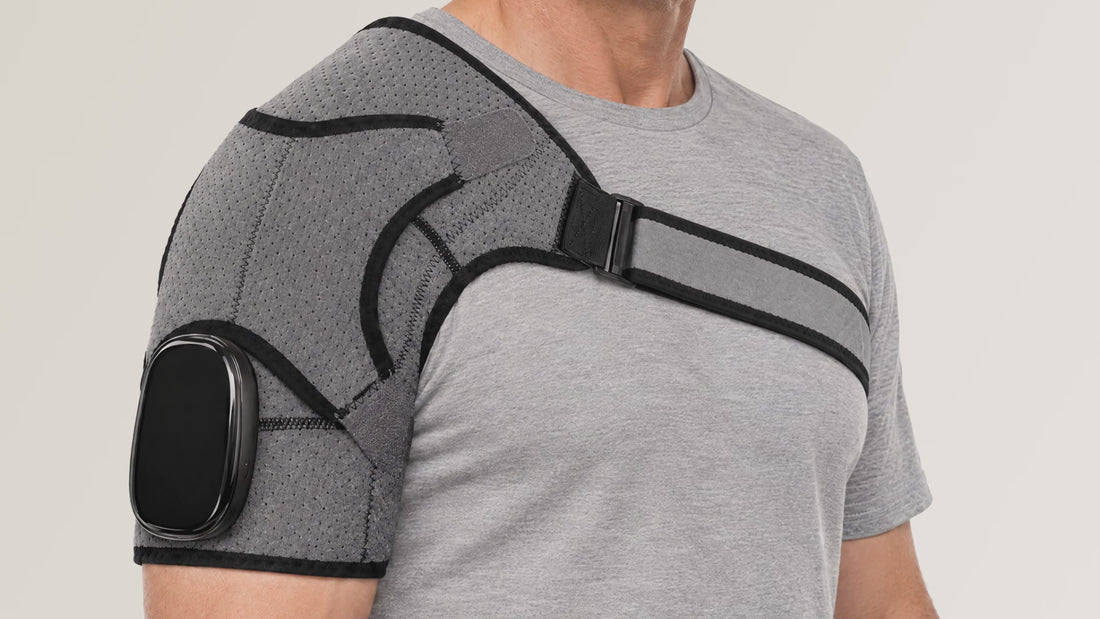 Man wearing the EpauFlex Pro shoulder massager, close view